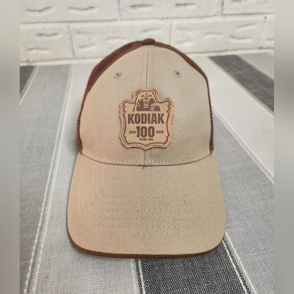 Kodiak 100 Leather Patch Est 1910 Hat Beige Brown Strapback Baseball Cap - Picture 2 of 9